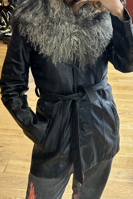 Mongolian Lamb Fur Trim Leather Coat