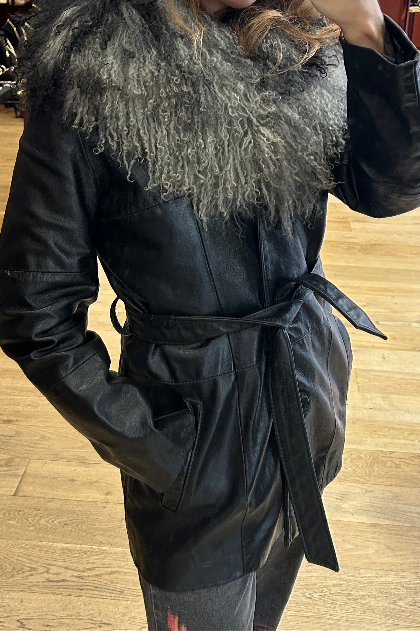 Mongolian Lamb Fur Trim Leather Coat