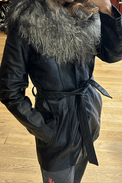 Mongolian Lamb Fur Trim Leather Coat