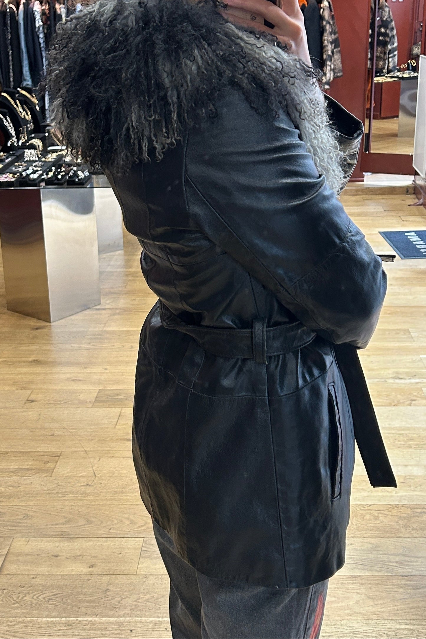 Mongolian Lamb Fur Trim Leather Coat