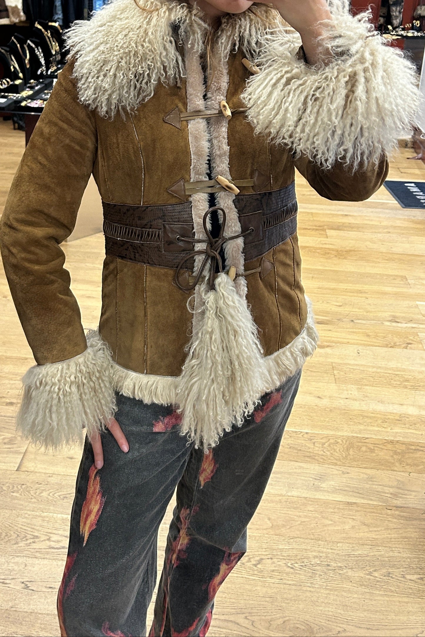 Vintage Afghan Brown Suede Mongolian Lamb Coat