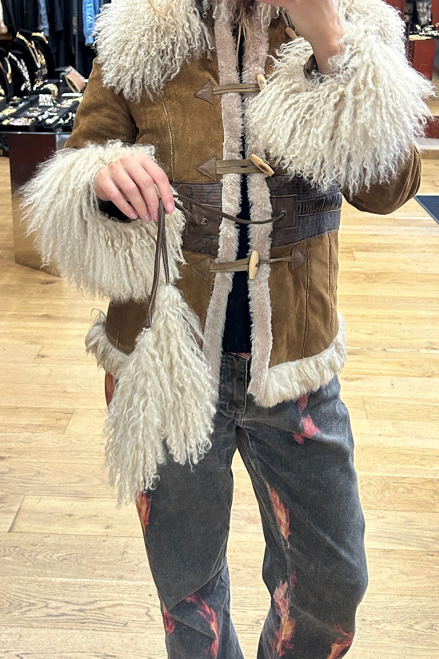 Vintage Afghan Brown Suede Mongolian Lamb Coat