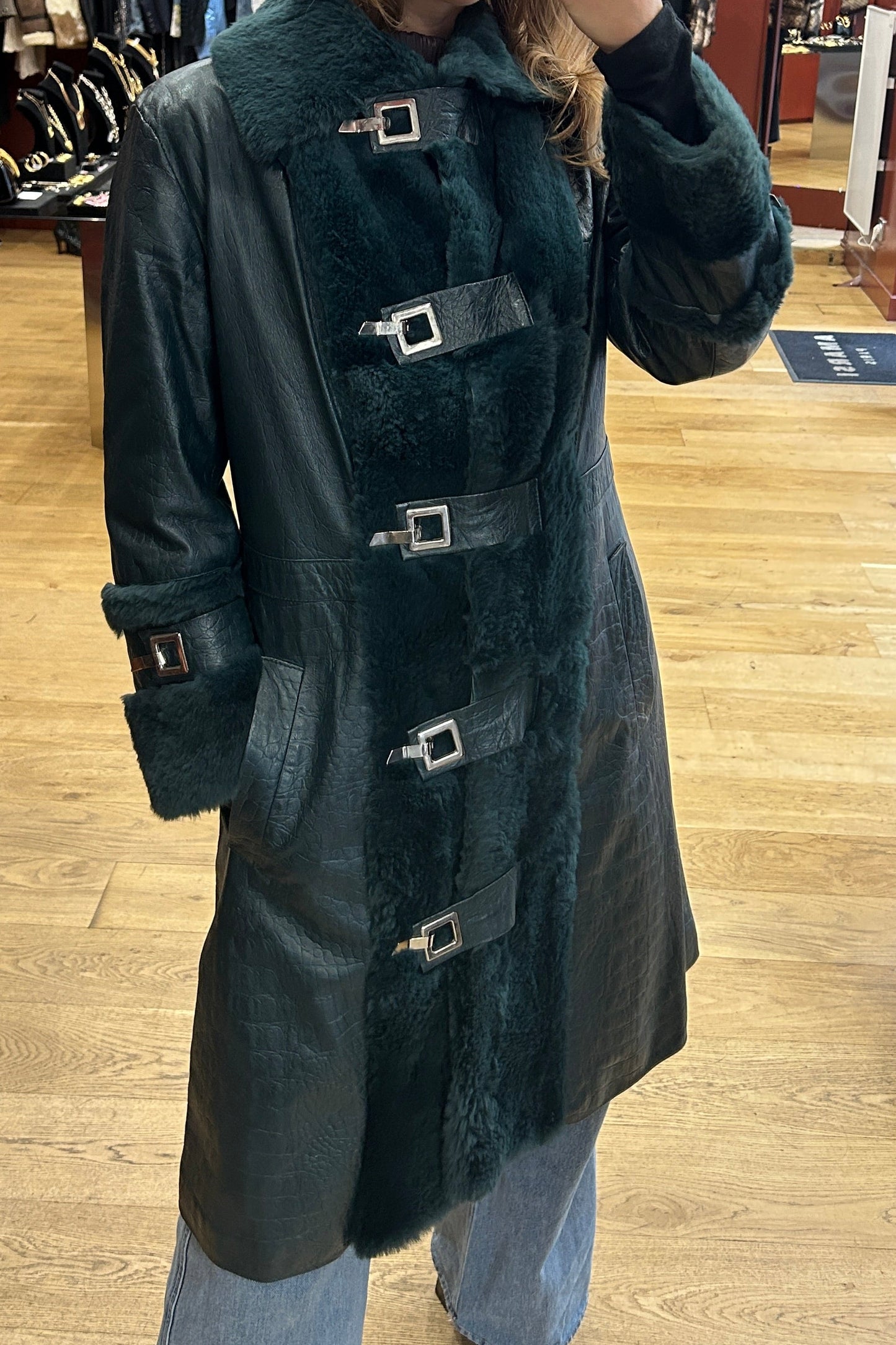 D&G Green Leather Rabbit Fur Coat