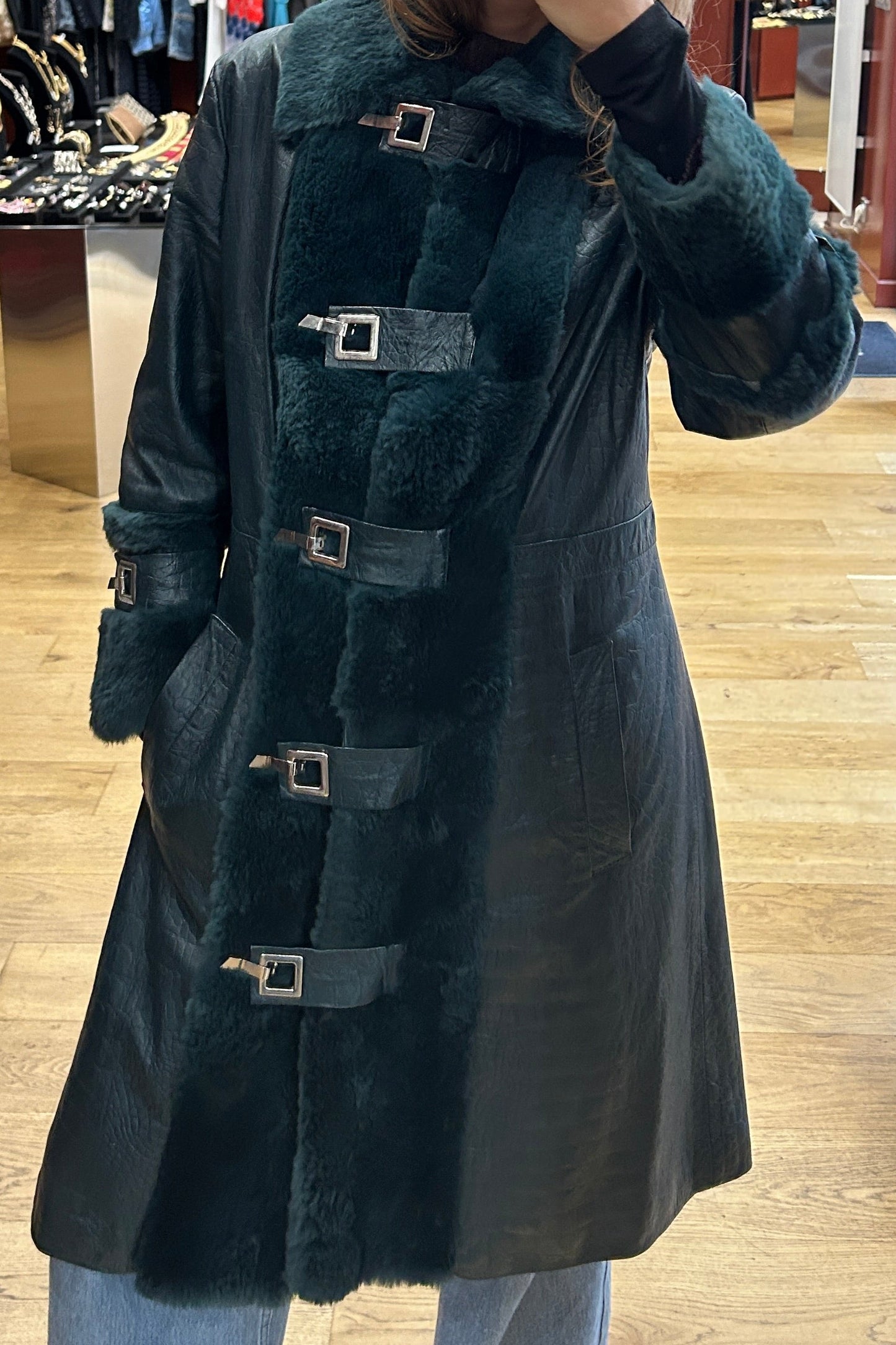 D&G Green Leather Rabbit Fur Coat