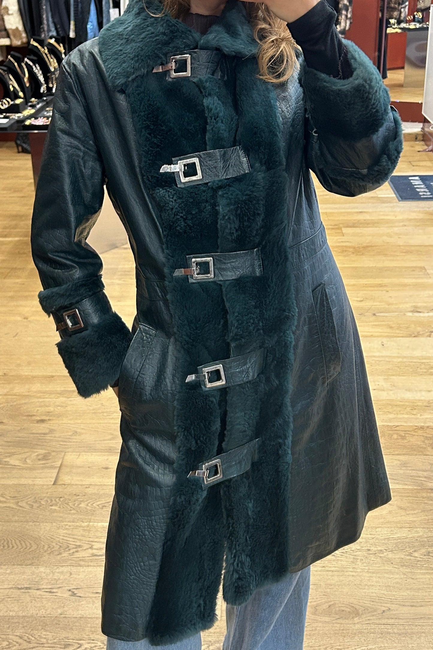 D&G Green Leather Rabbit Fur Coat