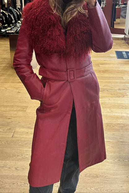 Vintage Red Leather Trench Coat with Mongolian Lamb Fur
