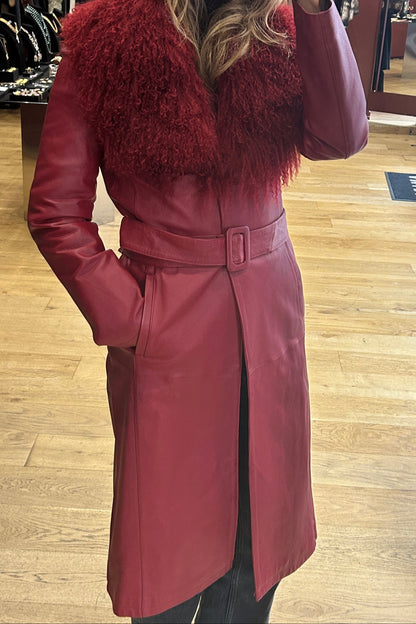 Vintage Red Leather Trench Coat with Mongolian Lamb Fur