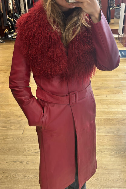 Vintage Red Leather Trench Coat with Mongolian Lamb Fur
