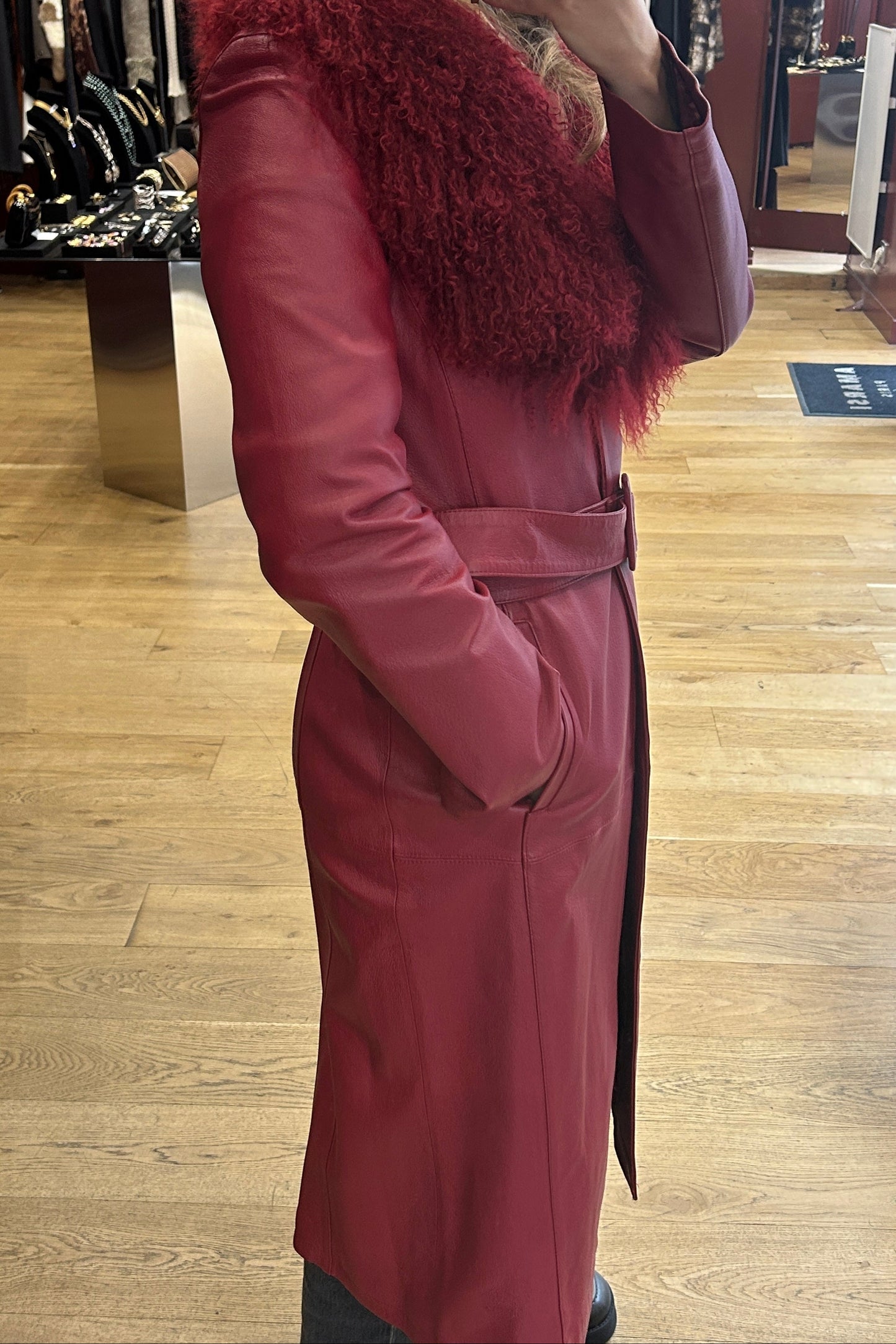 Vintage Red Leather Trench Coat with Mongolian Lamb Fur