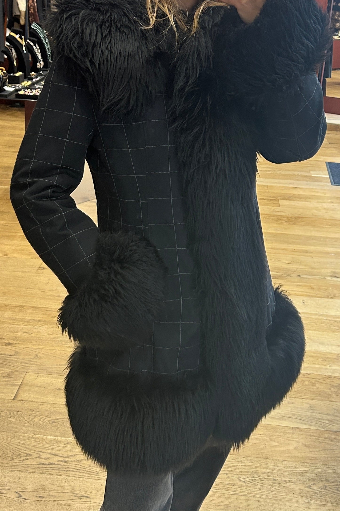 Vintage Black Faux Fur Afghan Coat in Wool and Cotton