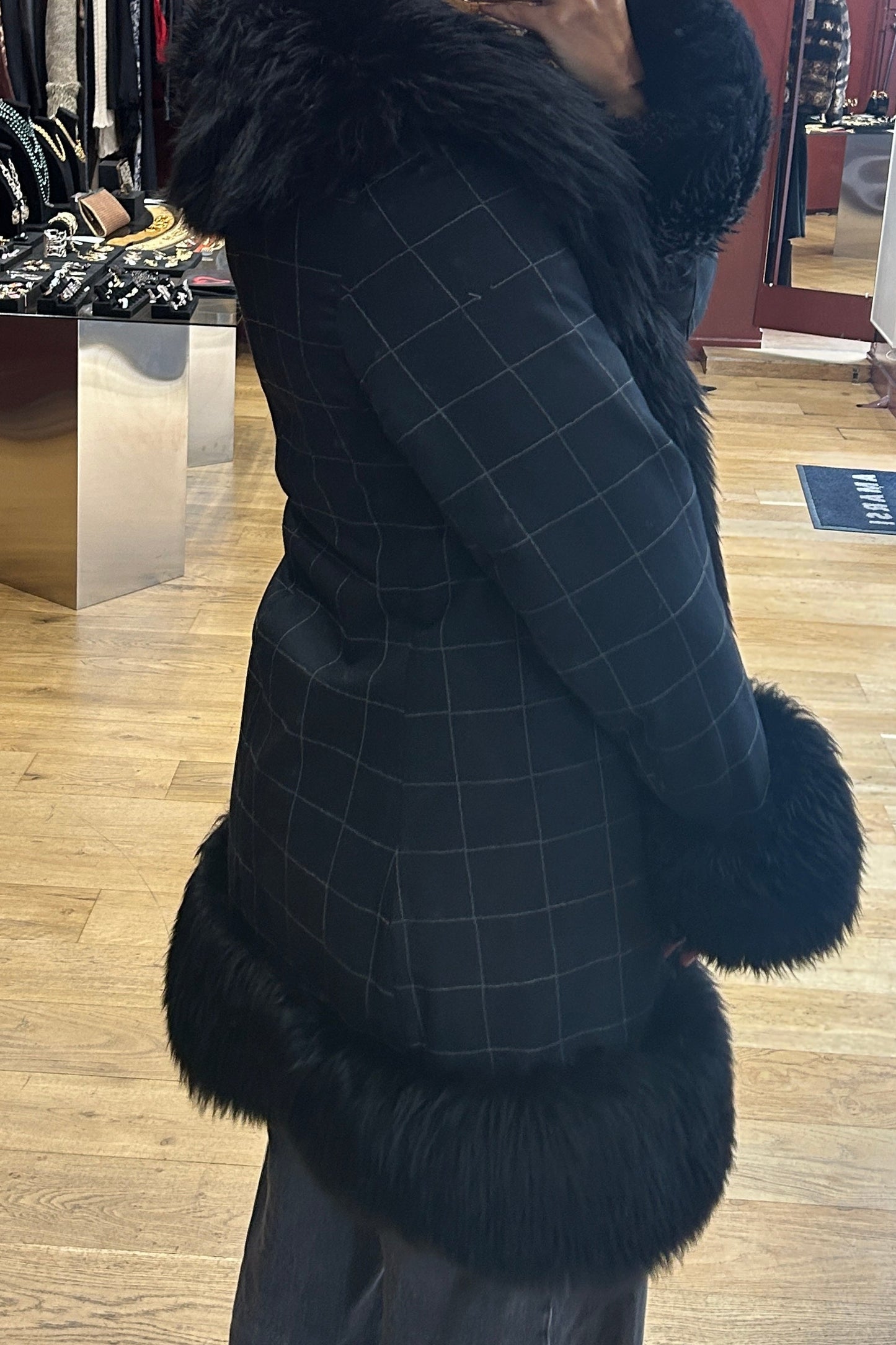 Vintage Black Faux Fur Afghan Coat in Wool and Cotton