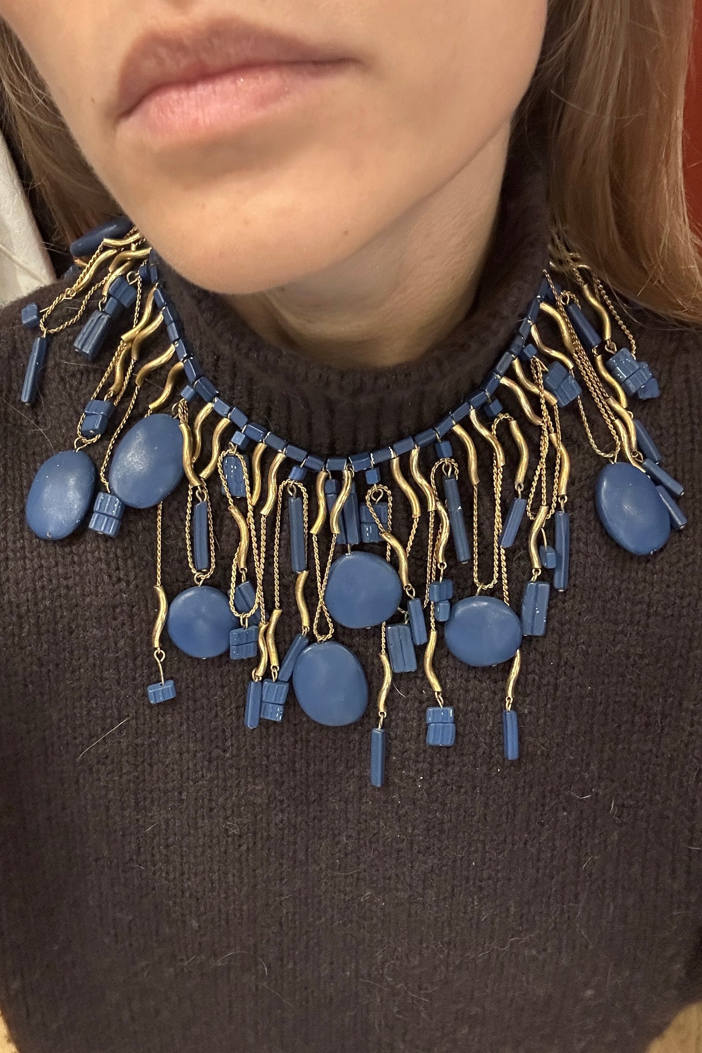 Vintage Blue and Gold-Tone Geometric Statement Necklace