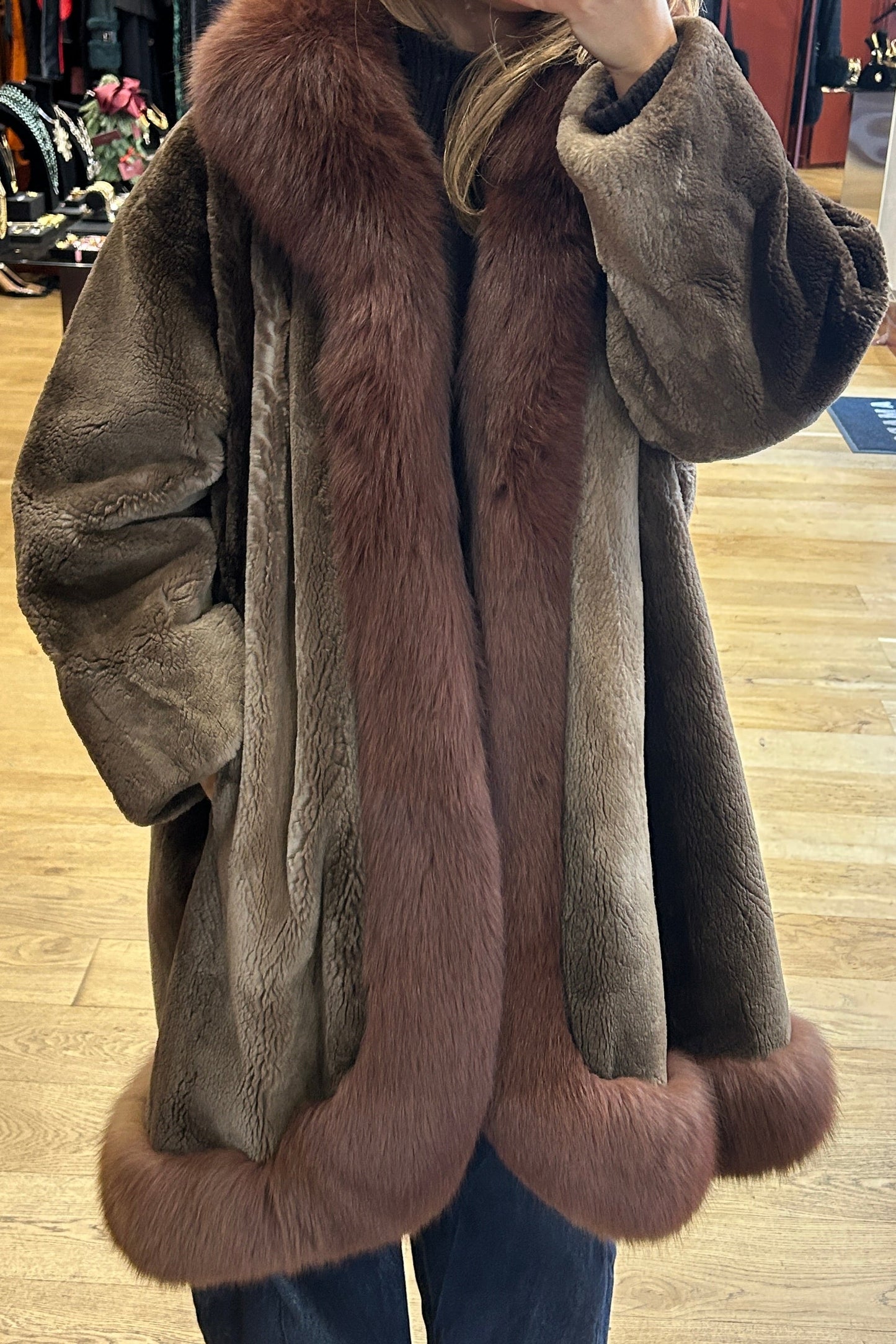 Vintage Christian Dior Fur Coat by Frédéric Castet – Green Shearling & Brown Fox Fur