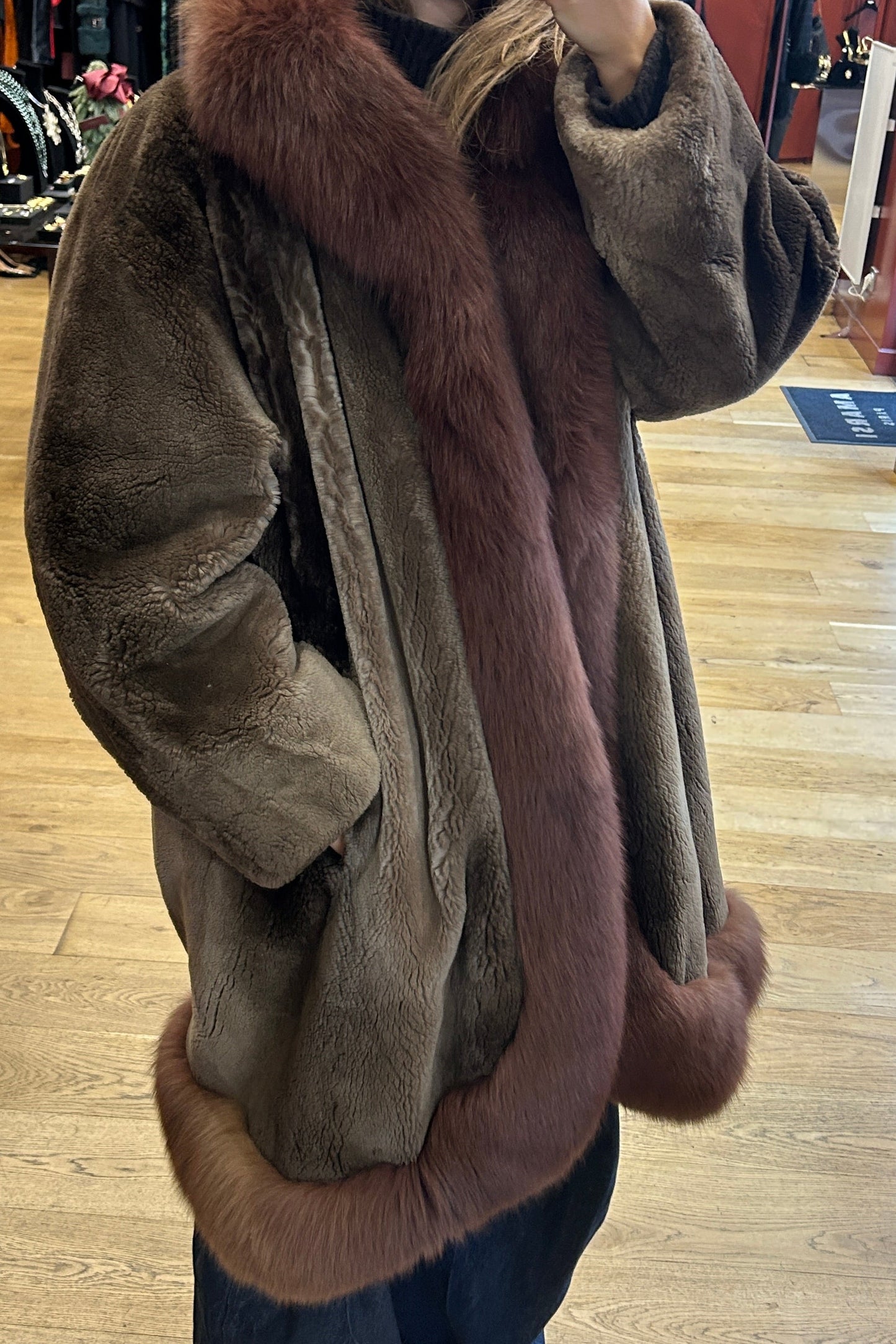 Vintage Christian Dior Fur Coat by Frédéric Castet – Green Shearling & Brown Fox Fur