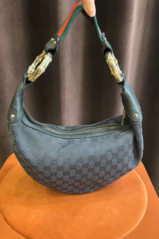 Vintage Gucci Black Canvas Hobo Bag with Web Strap Bamboo Rings