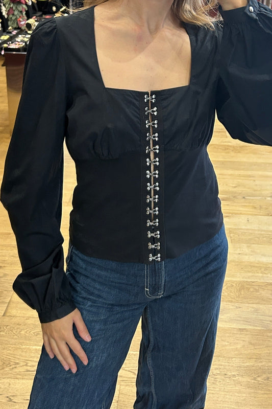 Vintage Anne Fontaine Black Blouse with Metallic Crochet Detail