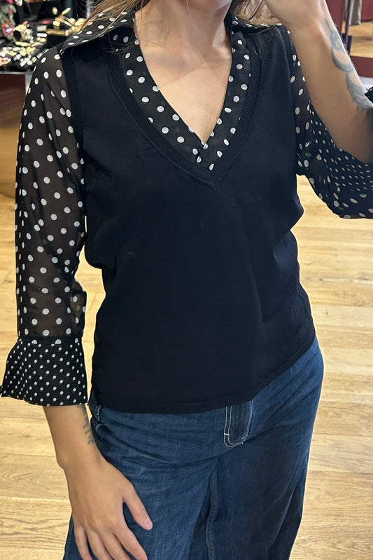 Vintage Black Polka Dot Top with 3/4 Sheer Sleeves