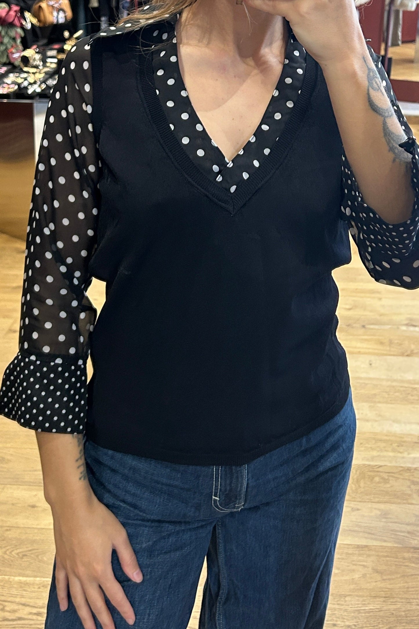 Vintage Black Polka Dot Top with 3/4 Sheer Sleeves