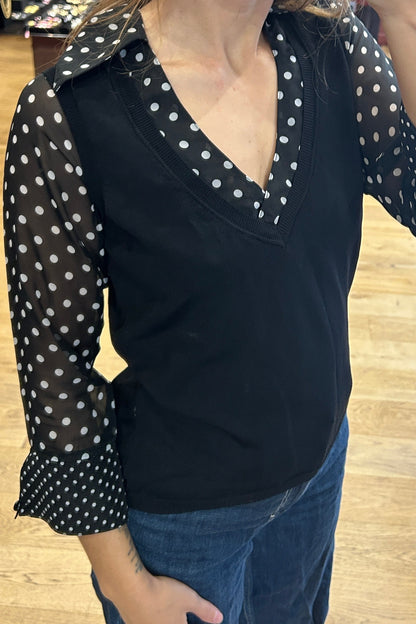 Vintage Black Polka Dot Top with 3/4 Sheer Sleeves