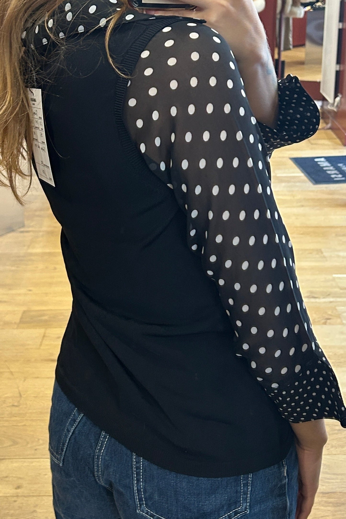 Vintage Black Polka Dot Top with 3/4 Sheer Sleeves