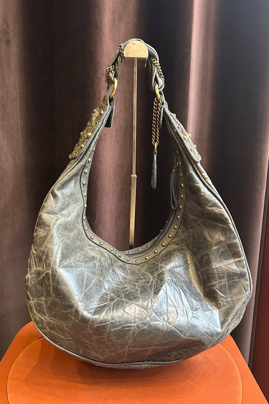 Vintage Mariella Burani Gray Patinated Leather Hobo Bag with Studs