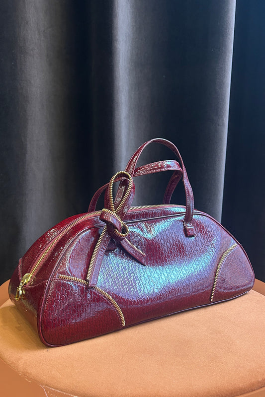 Christian Dior Burgundy Patent Leather Handle Bag with Gold-Tone Closure