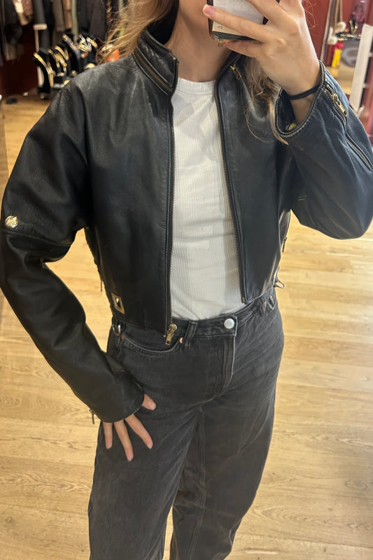 Vintage Black Cropped Biker Leather Jacket