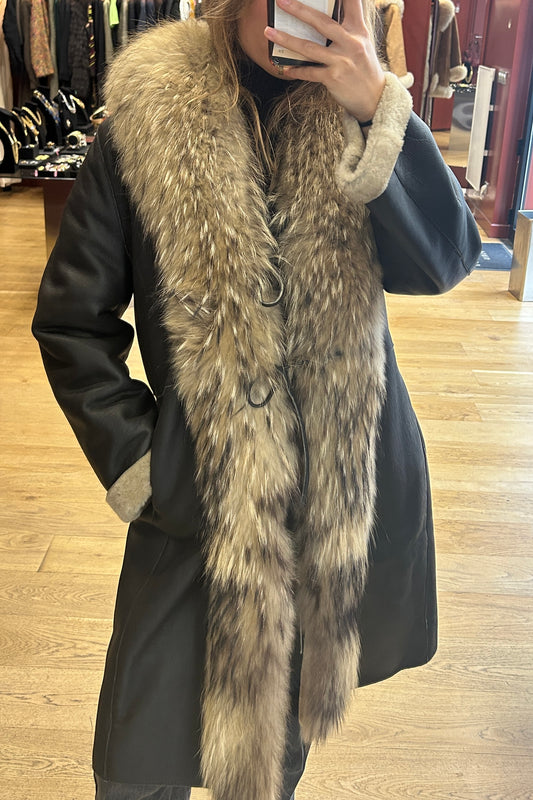Vintage 1990s Brown Leather Coat with Fox Fur Trim