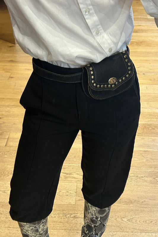 Vintage Black Leather Belt Bag with Gold Stud Details – 80 cm