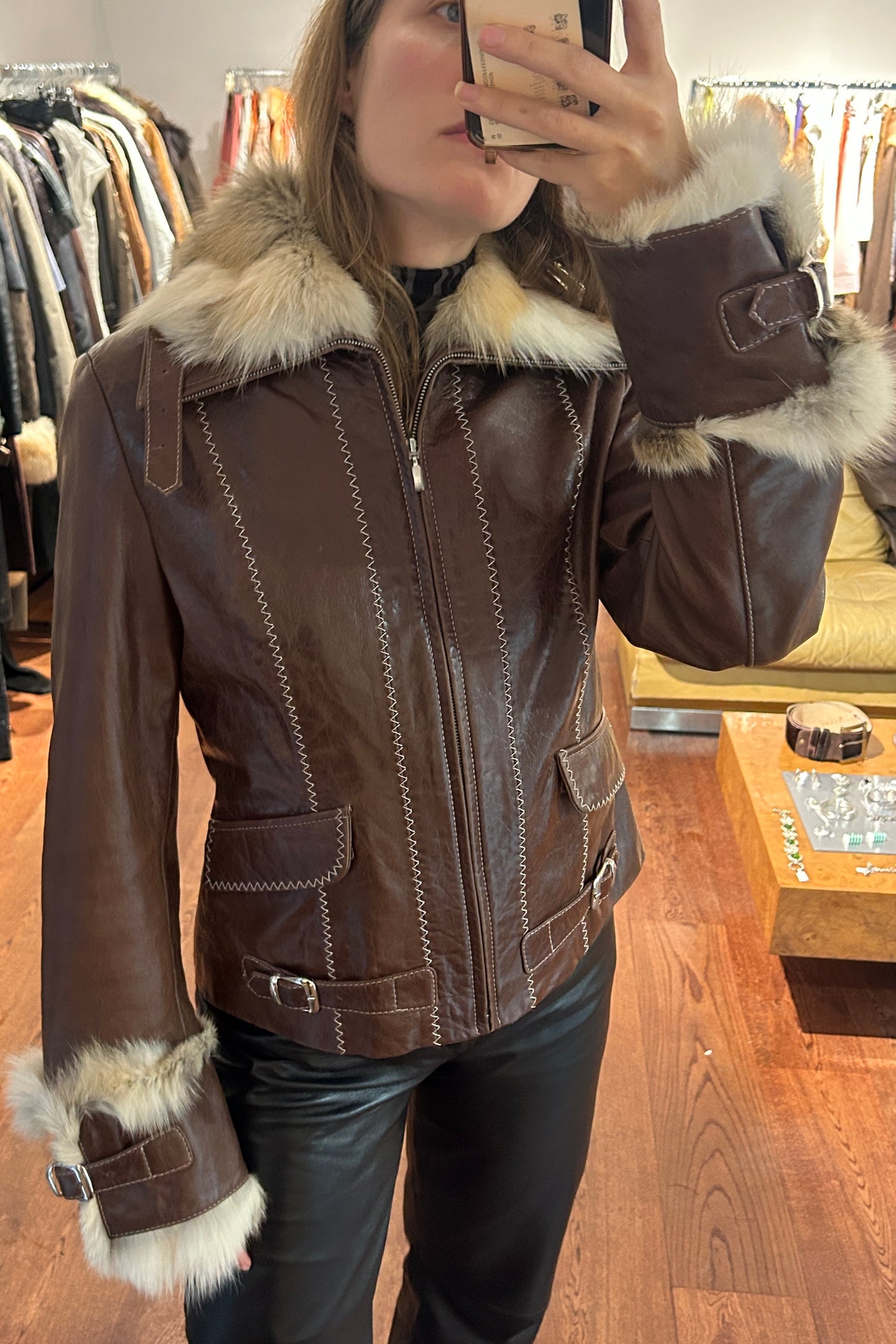 Vintage Brown Leather Jacket with Rabbit Fur Trim