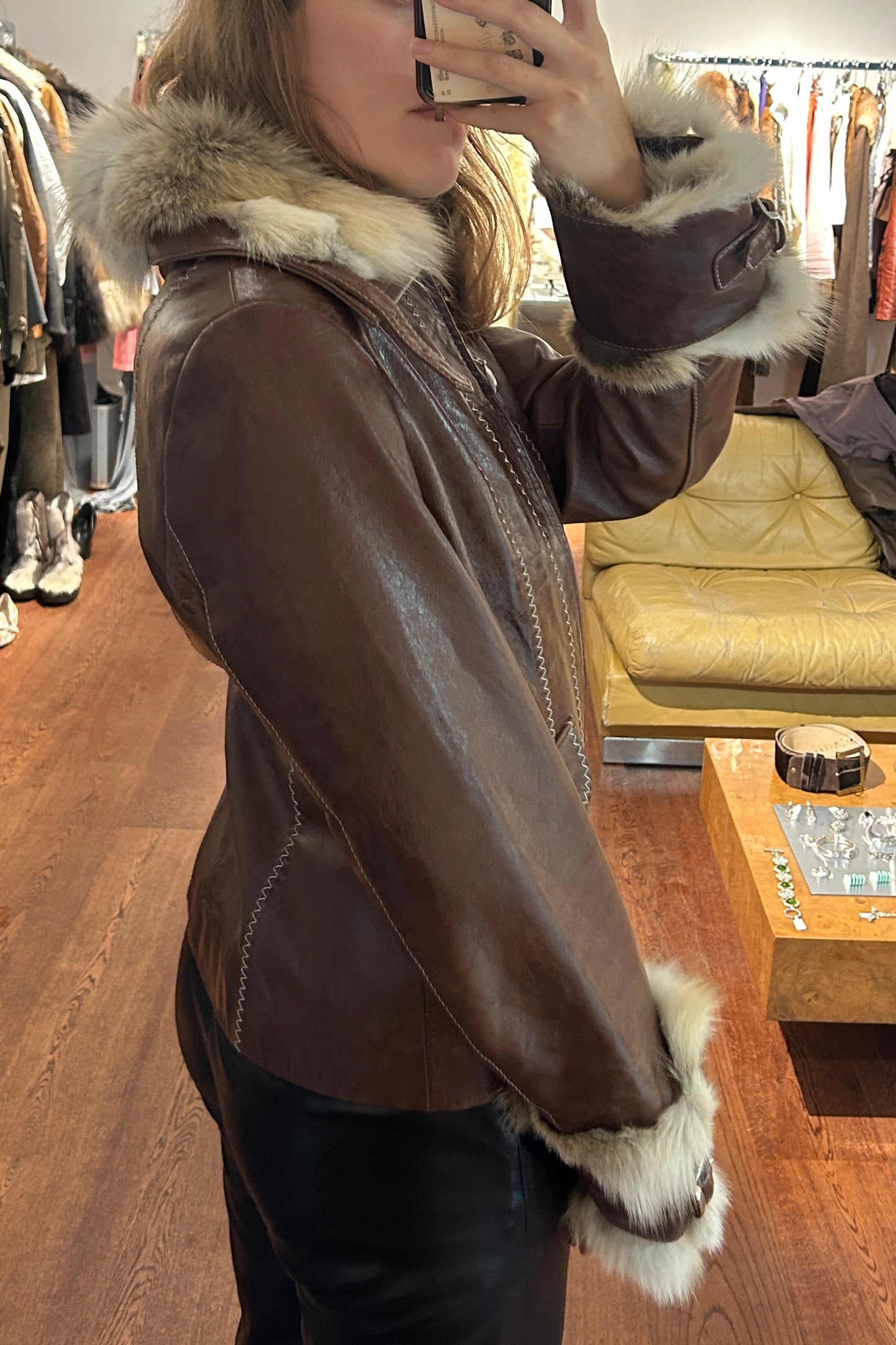 Vintage Brown Leather Jacket with Rabbit Fur Trim
