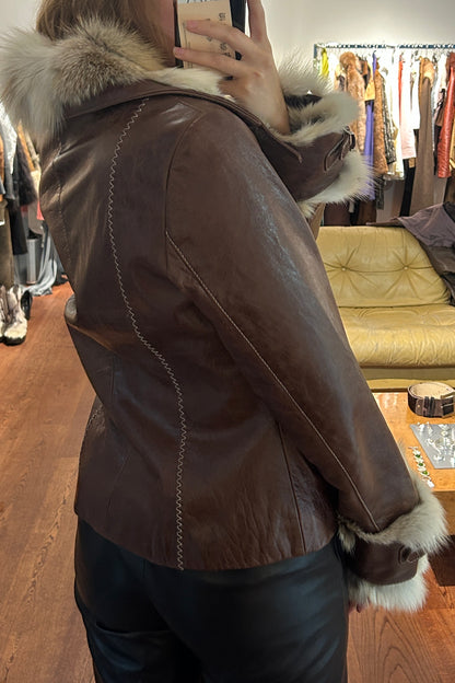 Vintage Brown Leather Jacket with Rabbit Fur Trim