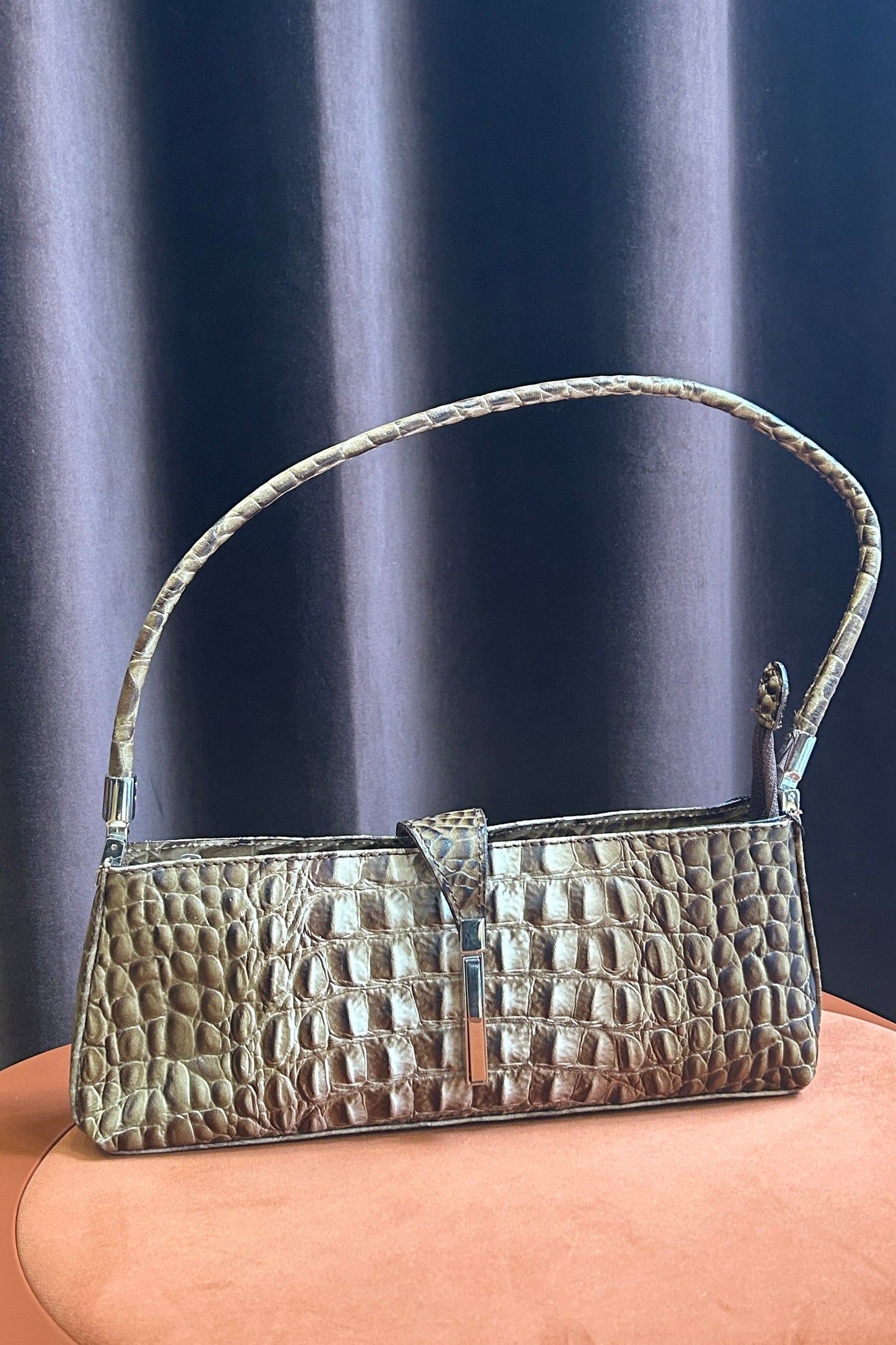 Vintage Croc-Embossed Leather Baguette Bag