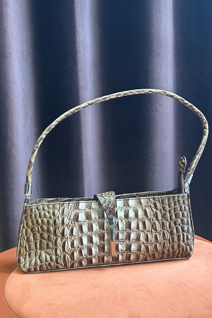 Vintage Croc-Embossed Leather Baguette Bag
