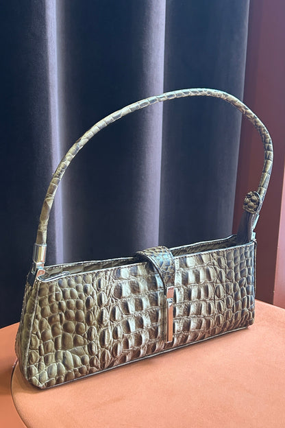 Vintage Croc-Embossed Leather Baguette Bag