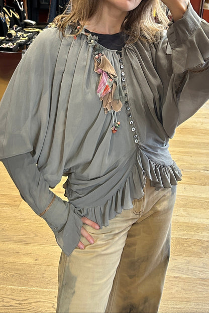 Vintage John Galliano Silk Bohemian Blouse in Grey