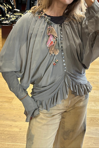 Vintage John Galliano Silk Bohemian Blouse in Grey