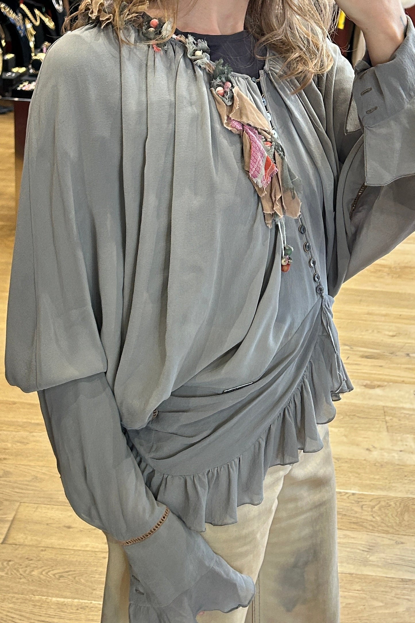 Vintage John Galliano Silk Bohemian Blouse in Grey