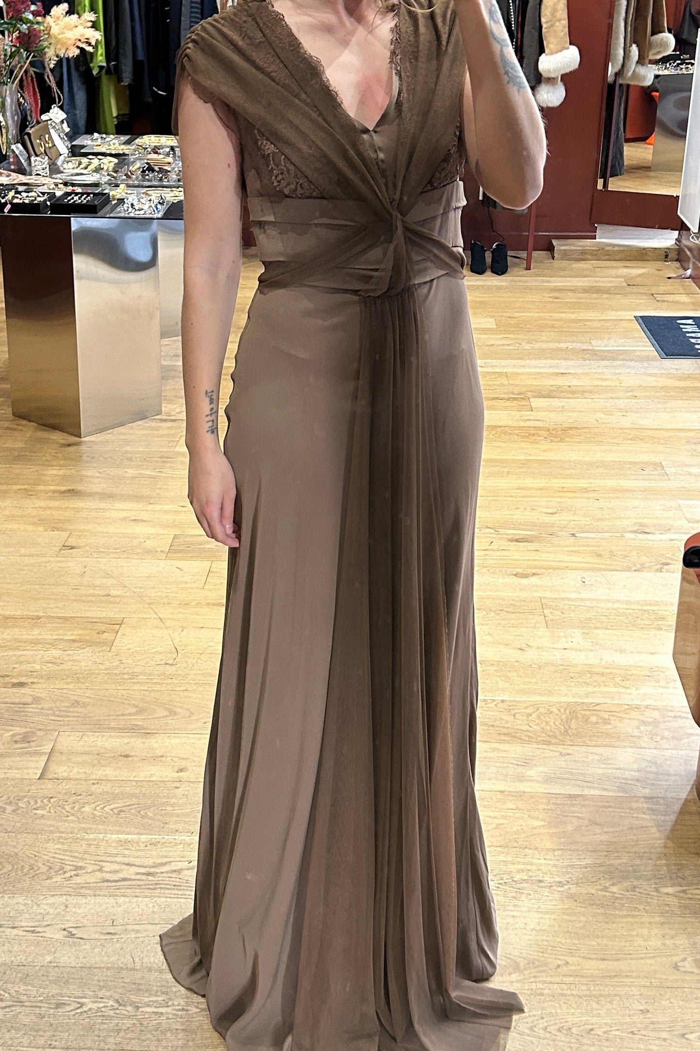 renato nucci silk dress Vintage Renato Nucci Brown Silk Dress with Lace & Sheer Panels Amarsi Paris