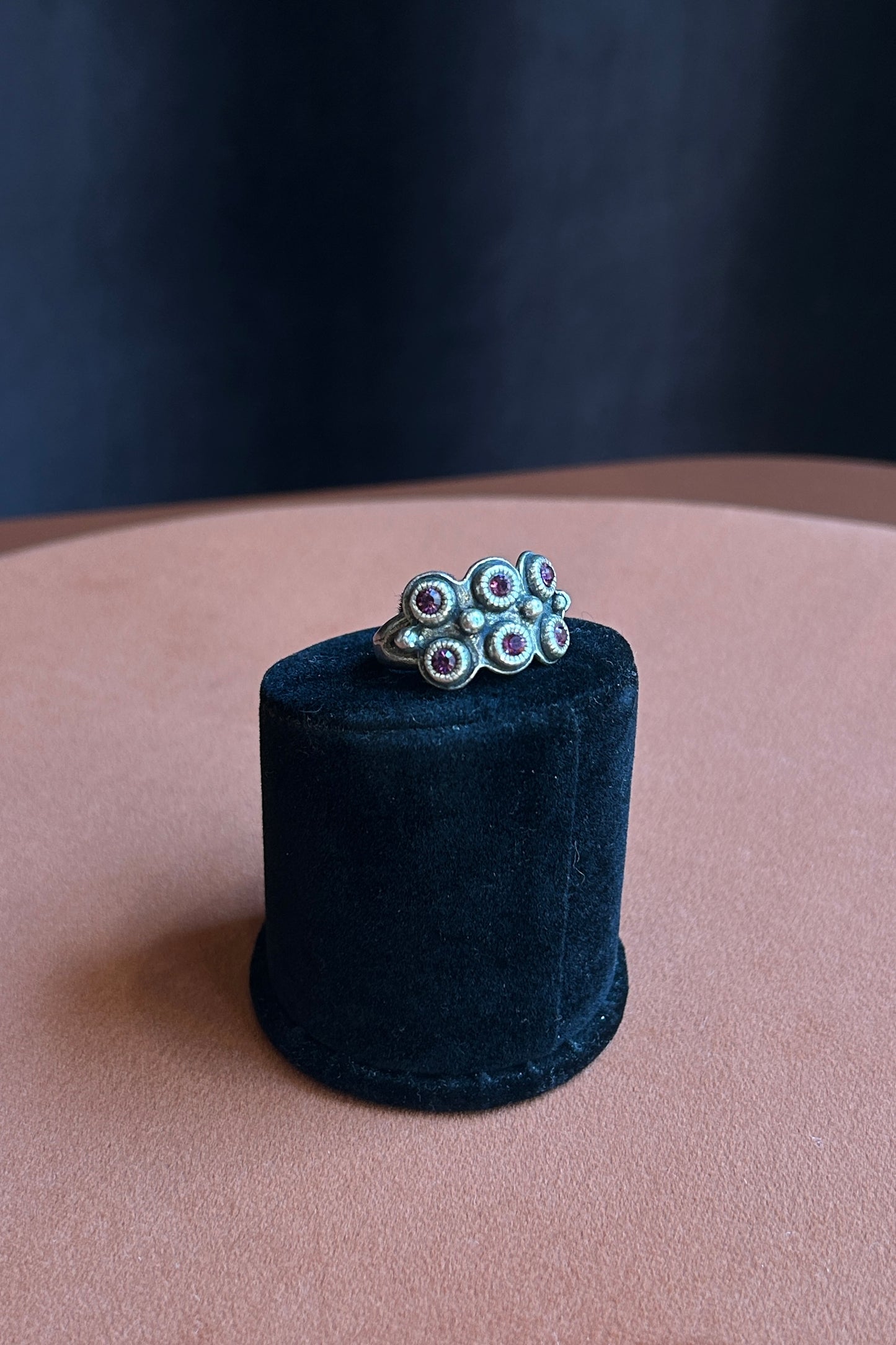 Vintage 1990s – Scooter Paris Ring – Silver-Tone Metal with Pink Stones
