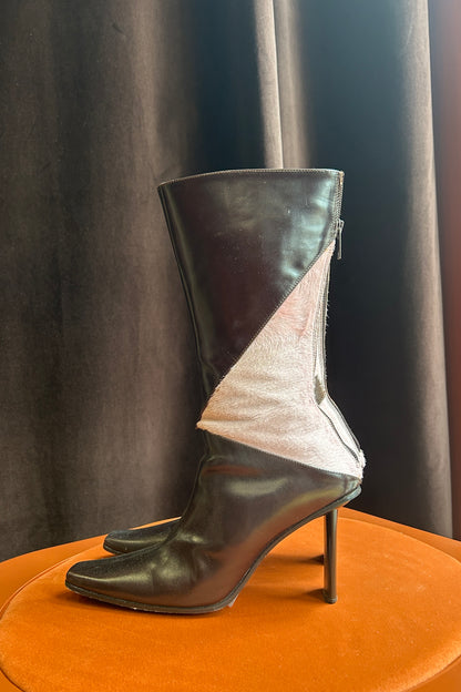 Vintage  Black Leather & Pink Cowhide Hair Boots