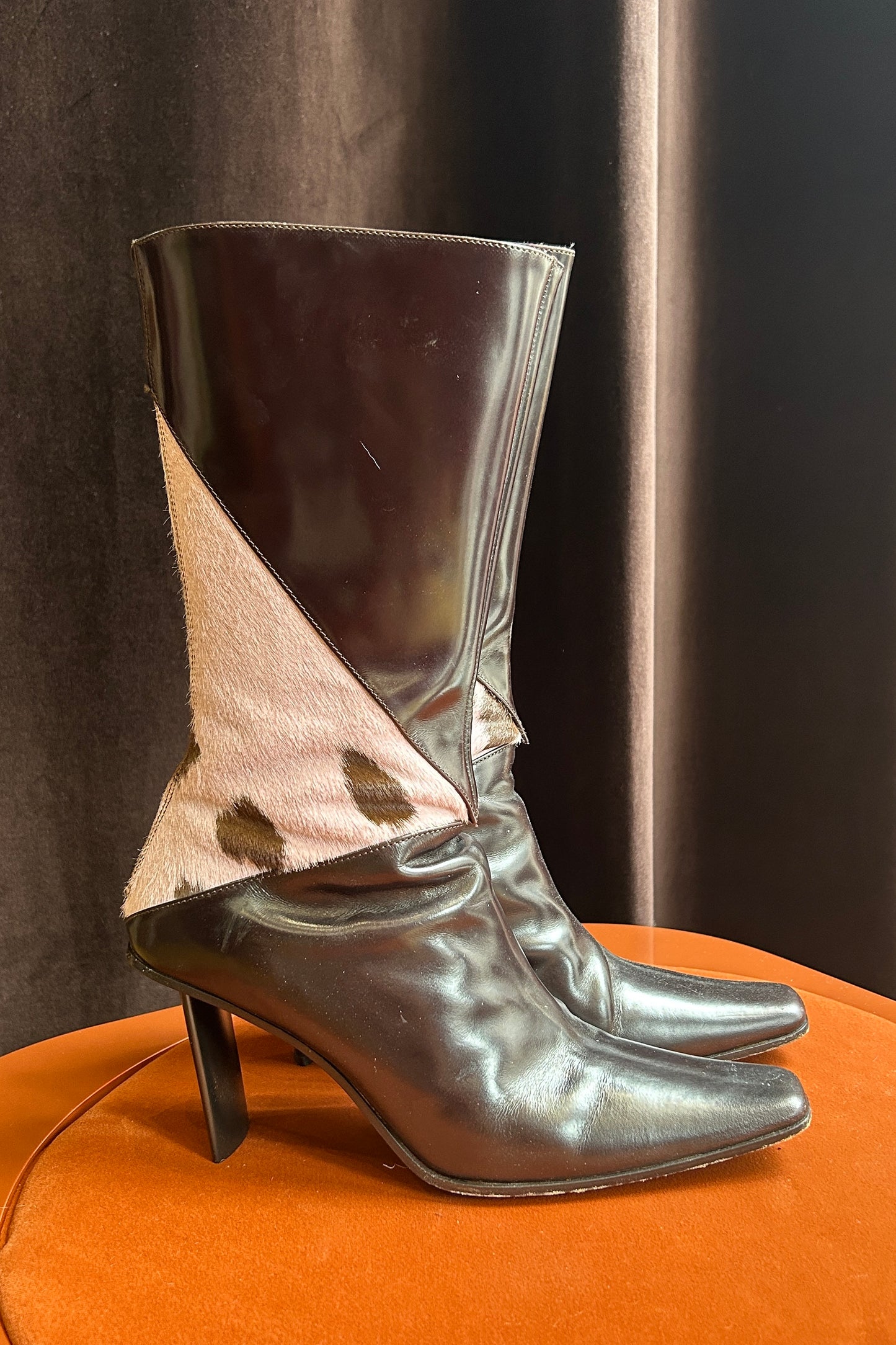 Vintage  Black Leather & Pink Cowhide Hair Boots