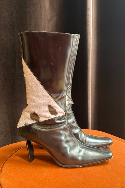 Vintage  Black Leather & Pink Cowhide Hair Boots