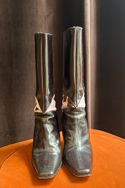 Vintage  Black Leather & Pink Cowhide Hair Boots