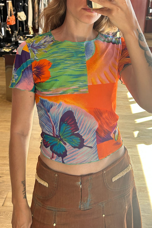 2000s Kenzo Mesh Top – Tropical Butterfly Print