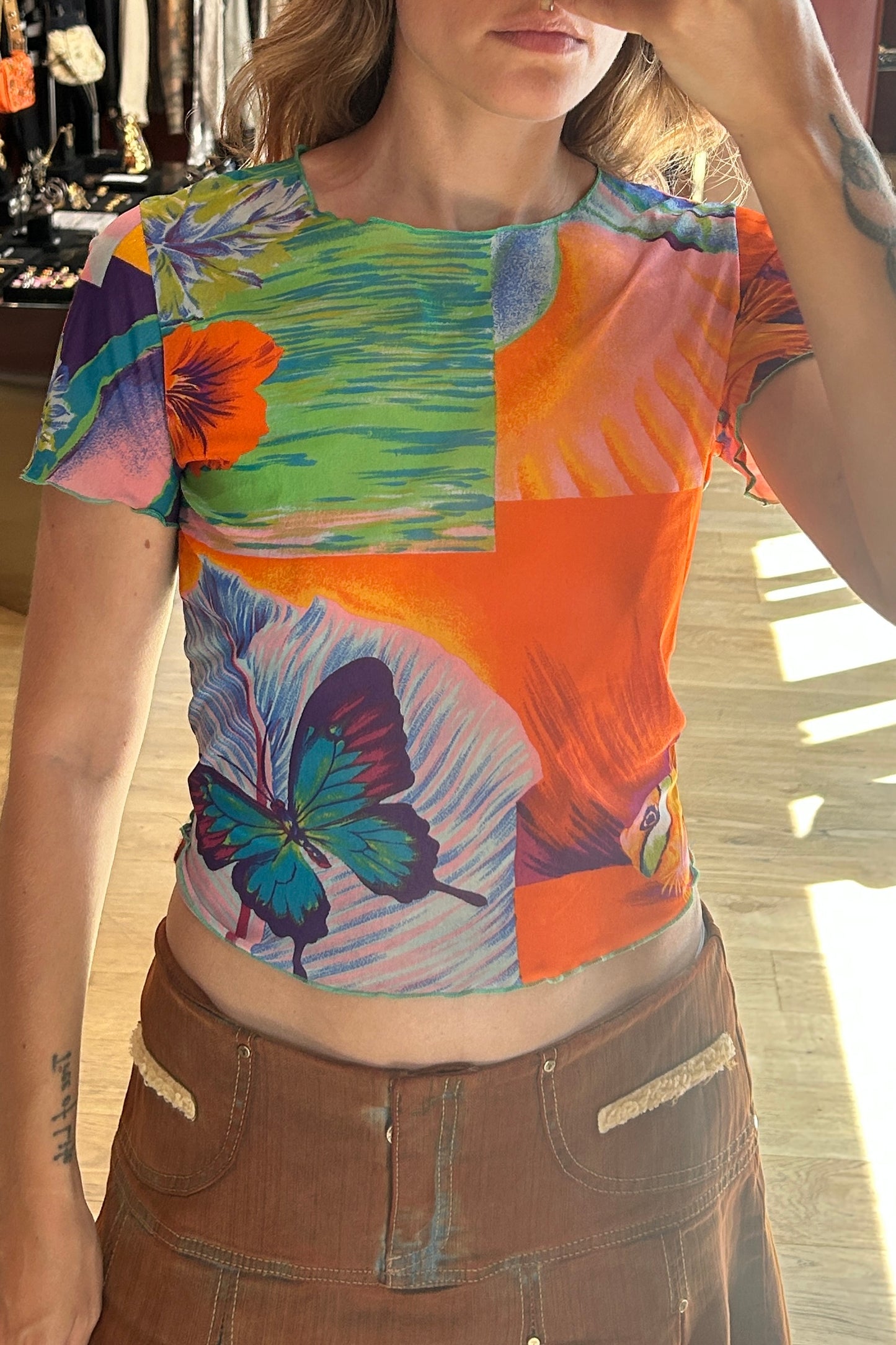 2000s Kenzo Mesh Top – Tropical Butterfly Print