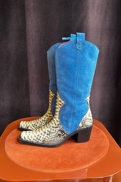 Vintage Santiags Blue Leather and Python