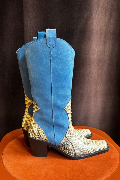 Vintage Santiags Blue Leather and Python