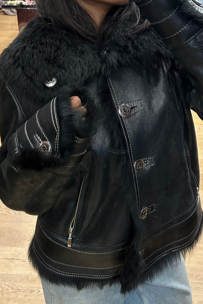 Vintage Black Leather Jacket Shearling 90's