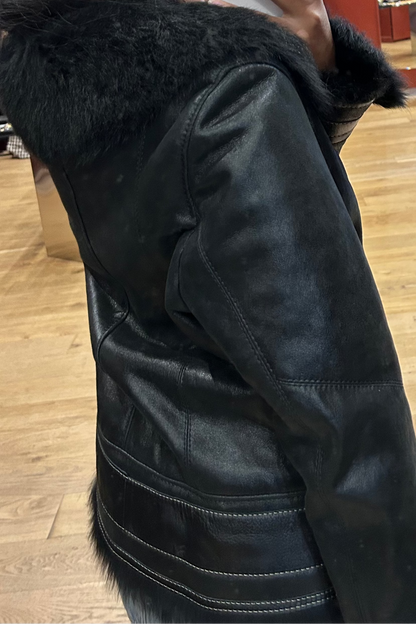 Vintage Black Leather Jacket Shearling 90's